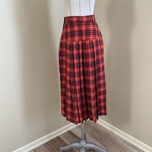 Vintage 80s Benetton Red Plaid Midi Skirt Kilt Cottage Preppy Holiday Small